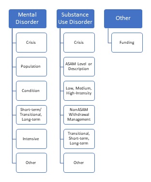 FIGURE 2, Lists of Categories of Regulated Residential Treatment Facilities. Mental Disorder: Crisis; Population; Condition; Short-term/transitional, long-term; Intensive; Other. Substance Use Disorder: Crisis; ASAM level or description; Low, medium, high intensity; nonASAM withdrawal management; Transitional, short-term, long-term; Other. Other: Funding.