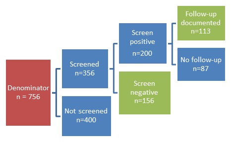 FIGURE V.5, Flow Chart: Denominator after exclusions n=756 (RED) leads to Screened n=356 (BLUE) and Not screened n=400 (BLUE). Screened n=356 (BLUE) then leads to Screen positive n=200 (BLUE) and Screen negative n=156 (GREEN). Screen positive n=200 (BLUE) then leads to Follow-up documented n=113 (GREEN) and No follow-up n=87 (BLUE).