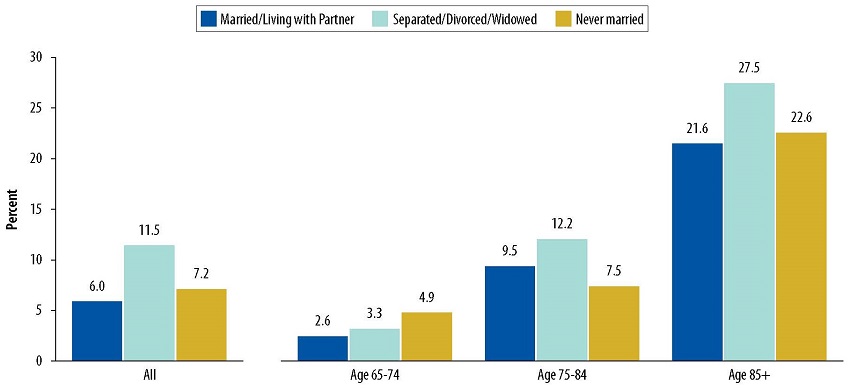 Bar Chart: All--Married/Living with Partner 6.0, Separated/Divorced/Widowed 11.5, Never married 7.2. Age 65-74--Married/Living with Partner 2.6, Separated/Divorced/Widowed 3.3, Never married 4.9. Age 75-84--Married/Living with Partner 9.5, Separated/Divorced/Widowed 12.2, Never married 7.5. Age 85+--Married/Living with Partner 21.6, Separated/Divorced/Widowed 27.5, Never married 22.6.