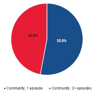 FIGURE III.11, Pie Chart: This figure shows the proportion of community-admitted patients who were short-term or long-term users. 53% of community-admitted patients were short-term users and 47% of community-admitted patients were long-term users.