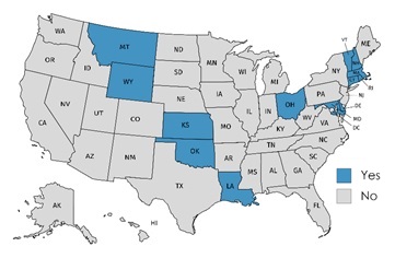 FIGURE 3, State Map. This figure is a map of the United States with the 13 states in which an SUD counselor is eligible to enroll in Optum’s commercial network as an independent provider shaded dark blue, and the remaining 38 states (including D.C.) where an SUD counselor is not eligible shaded  gray. The 13 states in which a SUD counselor is eligible are: Connecticut, Delaware, Kansas, Louisiana, Maryland, Massachusetts, Montana, New Hampshire, Ohio, Oklahoma, Rhode Island, Vermont, and Wyoming. 