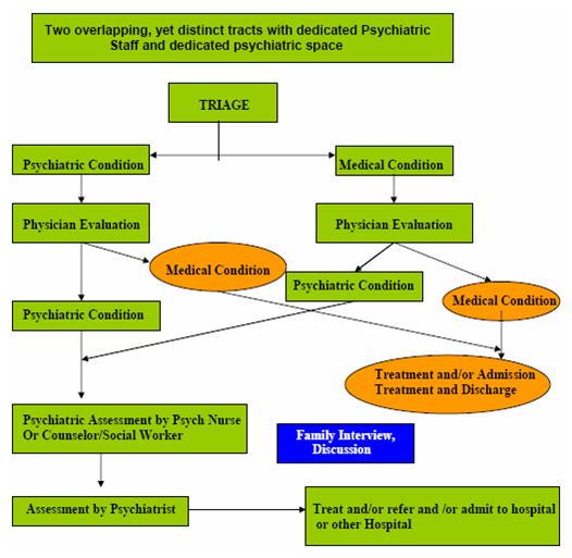 Organizational Chart: Two overlapping, yet distinct tracts with dedicated Psychiatric Staff and dedicated psychiatric space. Triage leads to Psychiatric Condition, which leads to Physician Evaluation, which leads to Medical Condition (or Psychiatric Condition, see below), which leads to Treatment and/or Admission Treatment and Discharge. Triage leads to Psychiatric Condition, which leads to Physician Evaluation, which leads to Psychiatric Condition (or Medical Condition, see above), which leads to Psychiatric Assessment by Psych Nurse or Counselor/Social Worker, which leads to Assessment by Psychiatrist, which leads to Treat and/or Refer and/or Admit to Hospital or Other Hospital. Triage leads to Medical Condition, which leads to Physician Evaluation, which leads to Psychiatric Condition (or Medical Condition, see below), which leads to Psychiatric Assessment by Psych Nurse or Counselor/Social Worker, which leads to Assessment by Psychiatrist, which leads to Treat and/or Refer and/or Admit to Hospital or Other Hospital. Triage leads to Medical Condition, which leads to Physician Evaluation, which leads to Medical Condition (or Psychiatric Condition, see above), which leads to Treatment and/or Admission Treatment and Discharge.