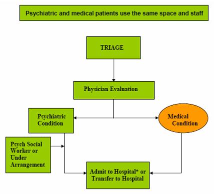 Organizational Chart: Psychiatric and Medical Patients Use the Same Space and Staff. Triage leads to Physician Evaluation, which leads to Psychiatric Condition (or Medical Condition, see below), which leads to Psych Social Worker or Under Arrangement, which leads to Admit to Hospital or Transfer to Hospital. Triage leads to Physician Evaluation, which leads to Medical Condition (or Psychiatric Condition, see above), which leads Admit to Hospital or Transfer to Hospital.