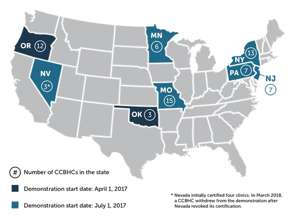 FIGURE A, State Map. States with demonstration start date April 1, 2017: Oklahoma (3 CCBHCs), Oregon (12 CCBHCs). States with demonstration start date July 1, 2017: Minnesota (6 CCBHCs), Missouri (15 CCBHCs), Nevada (3 CCBHCs), New Jersey (7 CCBHCs), New York (13 CCBHCs), Pennsylvania (7 CCBHCs).