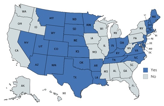 EXHIBIT 5, State Map. This exhibit is a map of the United States with the 31 states that offer licensure for SUD counseling shaded dark blue and the 20 states (including D.C.) that do not offer licensure shaded light gray. The 20 states without licensure are: Alabama, Alaska, California, District of Columbia, Florida, Georgia, Hawaii, Idaho, Illinois, Iowa, Michigan, Mississippi, Missouri, New York, Oregon, Pennsylvania, South Carolina, Washington, West Virginia, and Wisconsin.