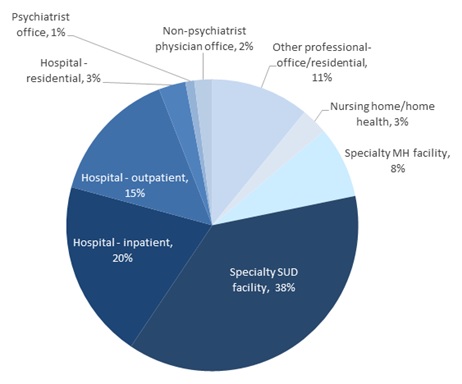 FIGURE II.11, Pie Chart: Hospital-residential (3%), Psychiatrist office (1%), Non-psychiatrist physician office (2%), Other professional-office/residential (11%), Nursing home/home health (3%), Specialty MH facility (8%), Specialty SUD facility (38%), Hospital- inpatient (20%), Hospital- outpatient (15%).