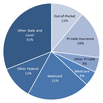 FIGURE II.13, Pie Chart: Other State and Local (31%), Out-of-Pocket (11%), Private Insurance (16%), Other Private (5%), Medicare (5%), Medicaid (21%), Other Federal (11%).