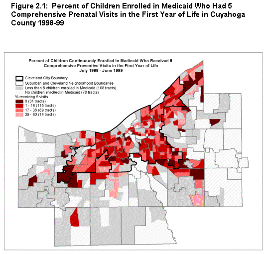 Figure 2.1: Percent of Children Enrolled in Medicaid Who had 5 Cpmprehensive Prenatal Visits in the First Year of Life in Cuyahoga County 1998-99