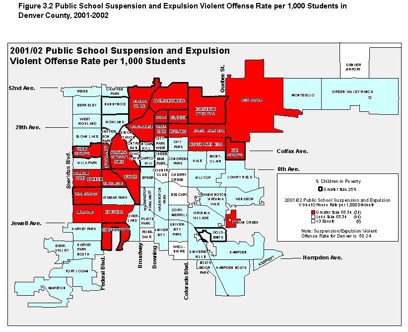 Figure 3.2: Public School Suspension and Expulsion Violent Offense Rate per 1,000 Students in Denver County, 2001-2002