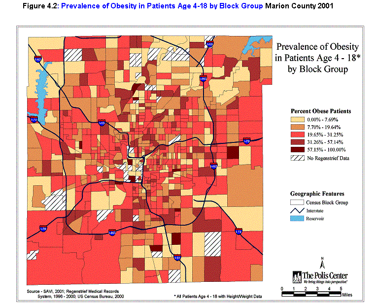 Figure 4.2: Prevalance of Obesity in Patients Ages 4-18 by Block Group in Marion County