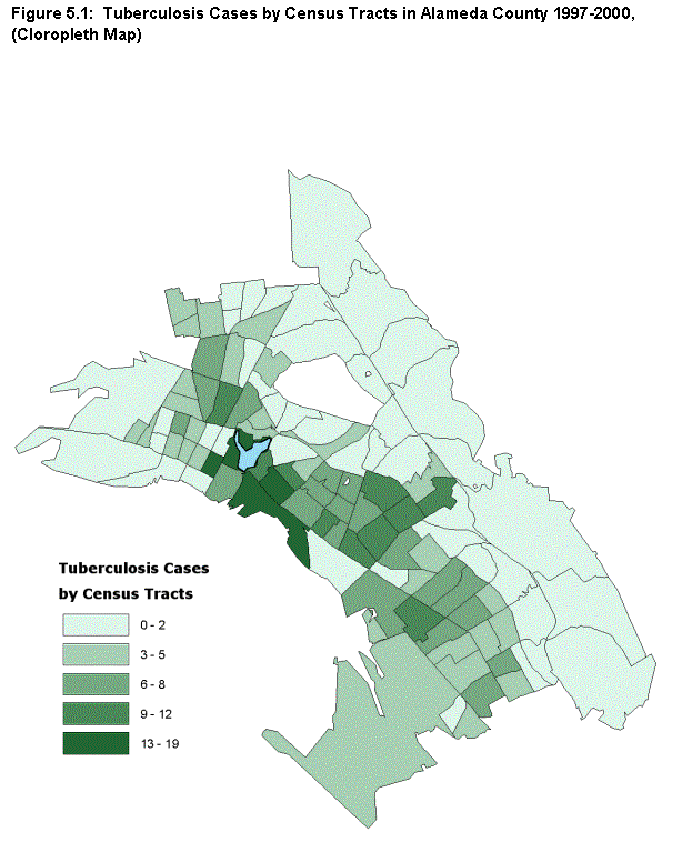 Figure 5.1: Tuberculosis Cases by Cencus Tracts in Alameda County 1997-2000. (Chloropleth Map)