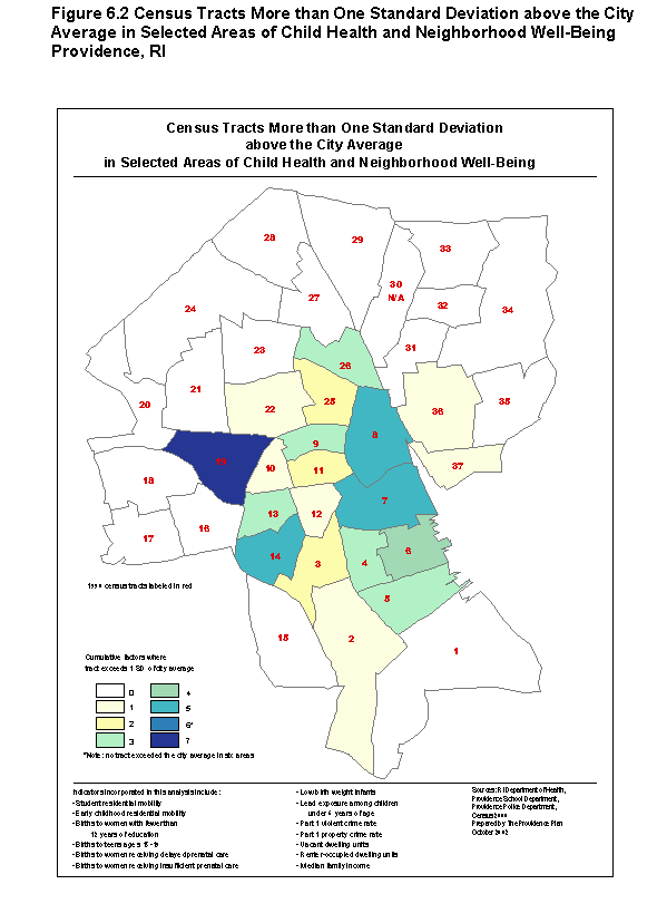 Figure 6.2: Cencus Tracts More than One Standard Deviation Above the City Average in Selected Areas of Child Health  and Neighborhood Well-being Providence, RI