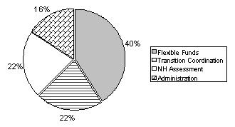 Pie Chart: Flexible Funds (40%); Transition Coordination (22%); NH Assessment (22%); Administration (16%).
