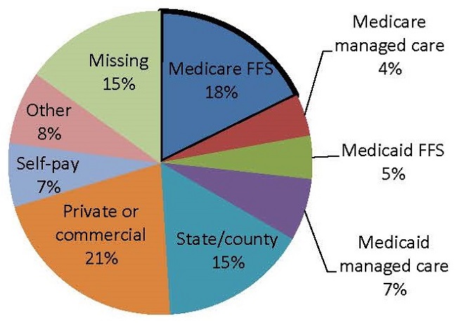 FIGURE VII.1, Pie Chart: Medicare FFS (18%), Medicare managed care (4%), Medicaid FFS (5%), Medicaid managed care (7%), State/county (15%), Private or commercial (21%), Self-pay (7%), Other (8%), Missing (15%).