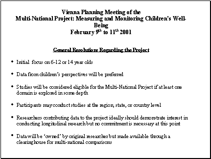Vienna Planning Meeting of the Multi-National Projects: Measuring and Monitoring Children's Well-Being. February 9th to 11th 2001: General Resolutions Regardign the project