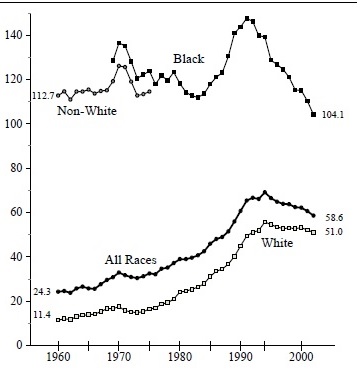 Figure BIRTH 3b. Births per 1,000 Unmarried Teens Ages 18 and 19, by Race: 1960-2002
