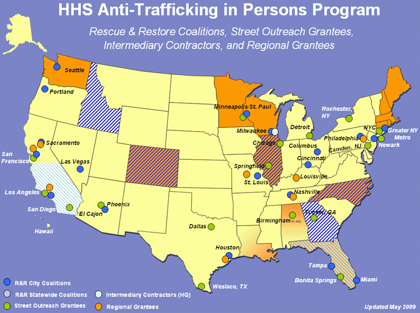 HHS Anti-Trafficking in Persons Program, Rescue & Restore Coalitions, Street Outreach Grantees, Intermediary Contractors, and Regional Grantees. See report for list of programs.