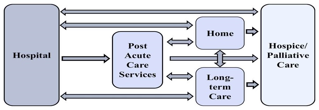 Common transitions for people with dementia between Hospital, Post Acute Care Services, Home, Long-term Care, and Hospice/Palliative Care.